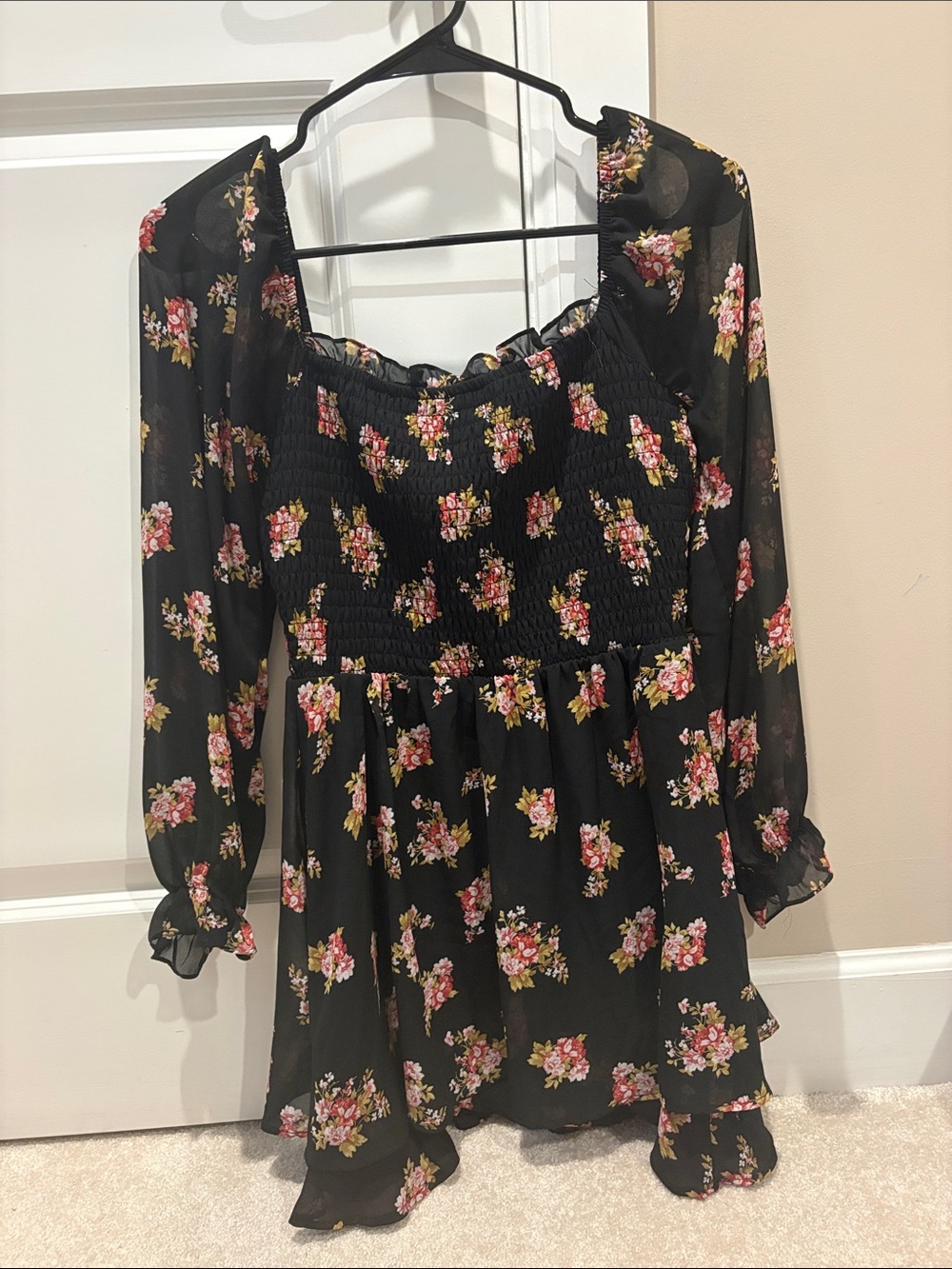 Lily Rose Black Floral Smocked Dress with Sheer Long Sleeves